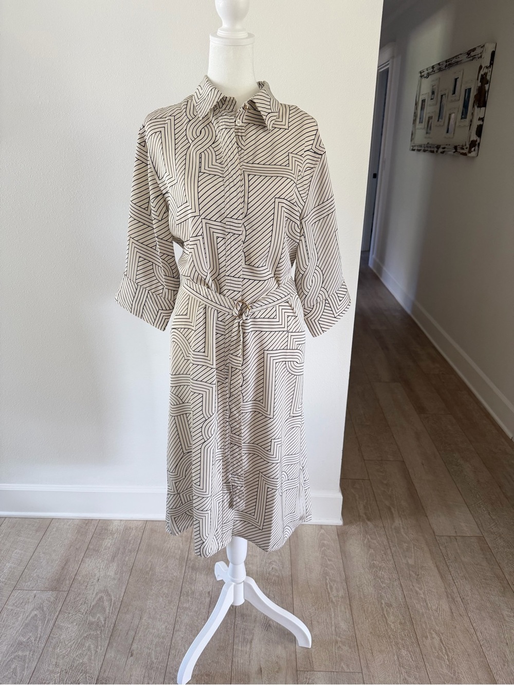 H&M Cream & Black Geometric Midi Shirt Dress